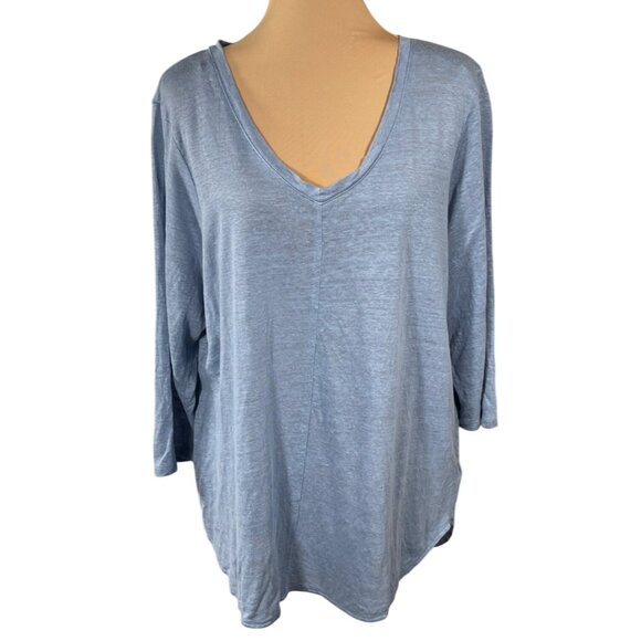 Tahari Tunic Top 100% Linen Blue Size 1X V-Neck 3/4 Sleeve - Picture 1 of 6